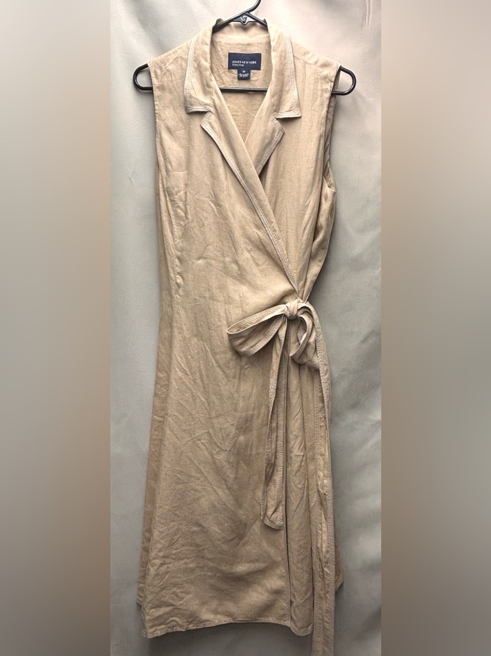 JONES NY SLEEVELESS 100% LINEN A LINE WRAP DRESS FULLY LINED SIZE 16 COLOR TAN